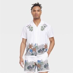 Houston White Adult Short Sleeve Border Print Button-Down Camp Shirt - White